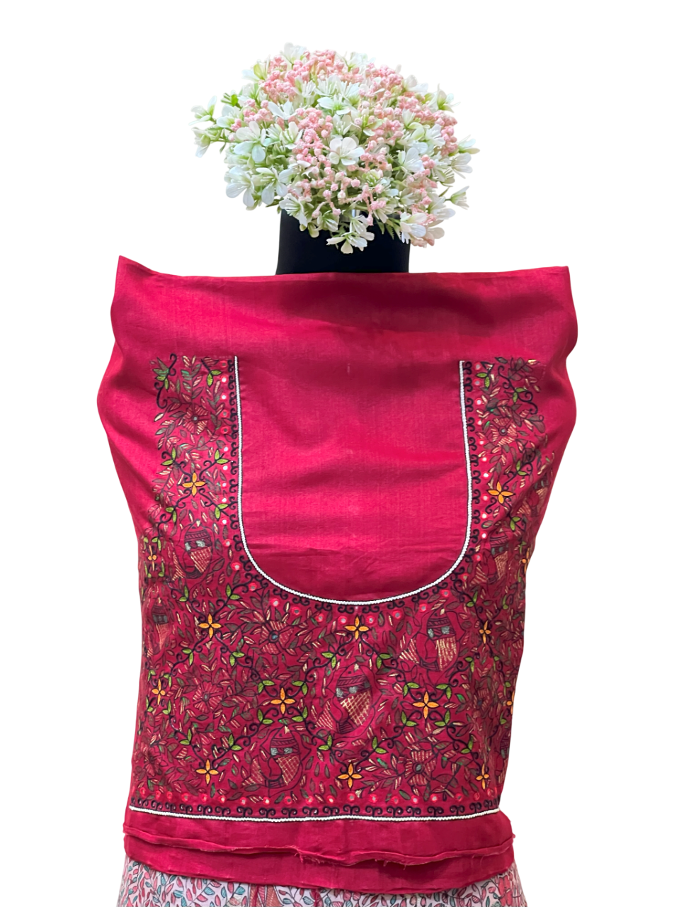 Handpainted Madhubani Blouse Piece on Half Tussar Silk - Maroon