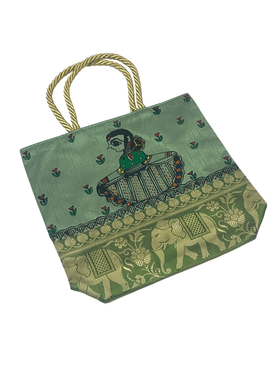 Handpainted Madhubani Bag – Green with Brocade Border, a Dancing girl