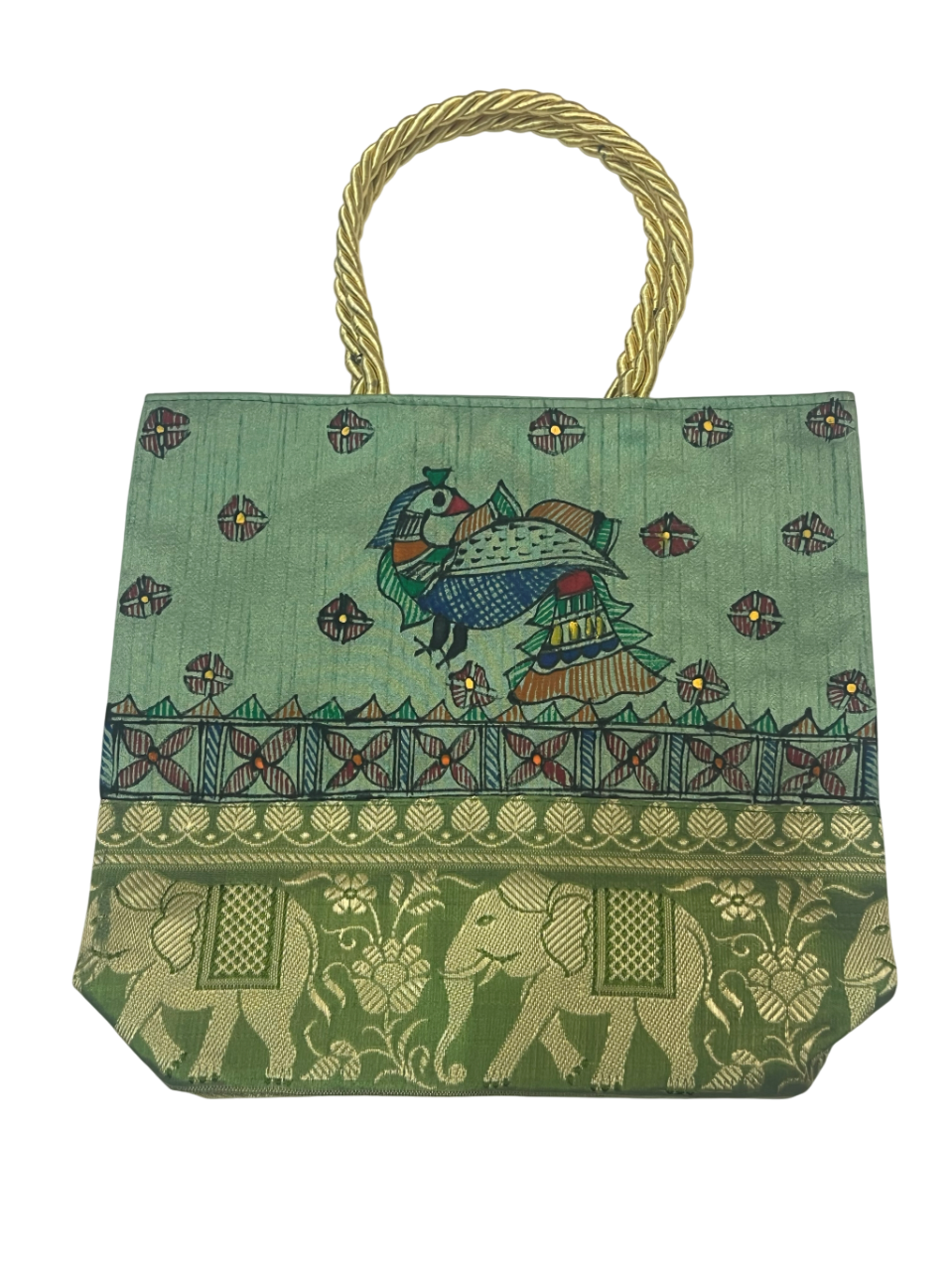 Handpainted Madhubani Bag – Green with Brocade Border, Peacock Motif