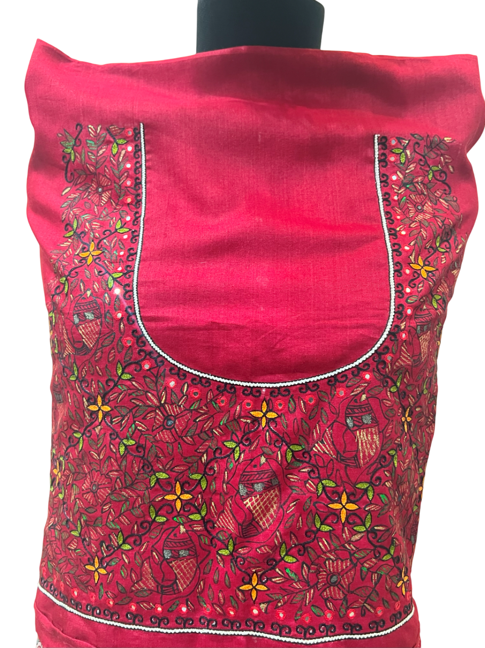 Handpainted Madhubani Blouse Piece on Half Tussar Silk - Maroon