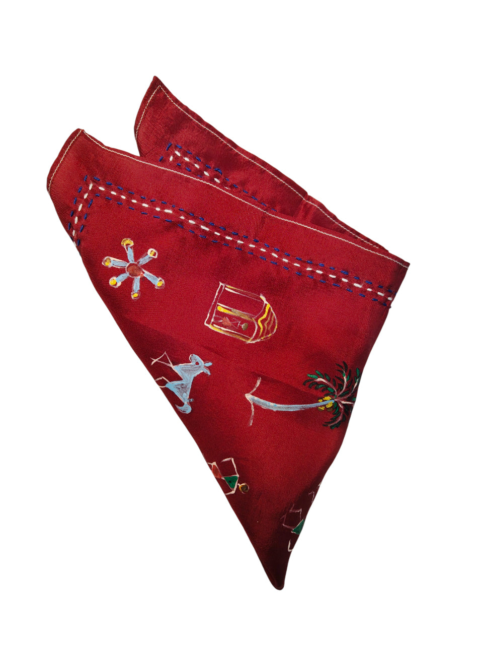 Handpainted Warli Art Pocket Square – Maroon with Sujni Border