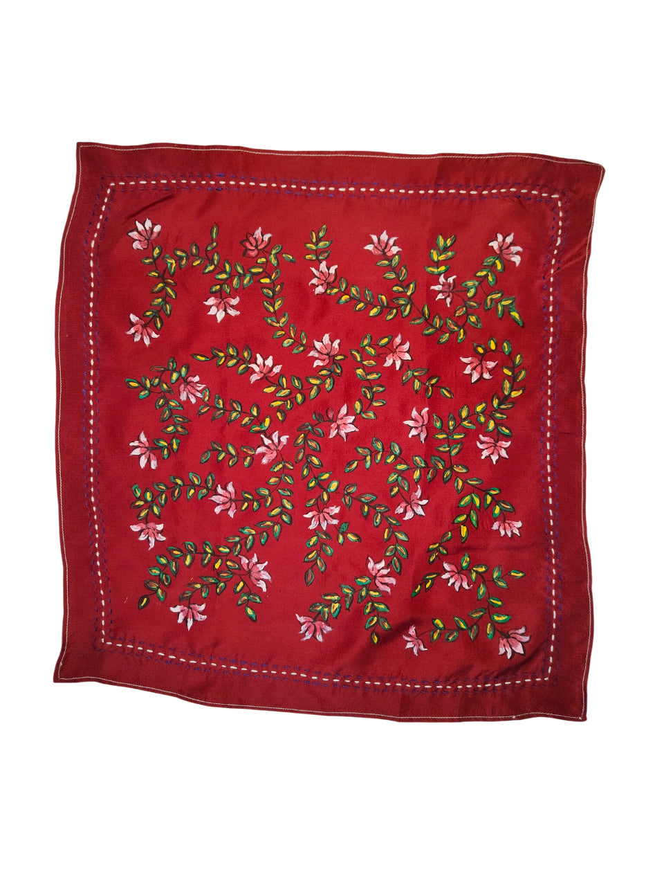 Handpainted Floral Pocket Square – Maroon with Sujni Border