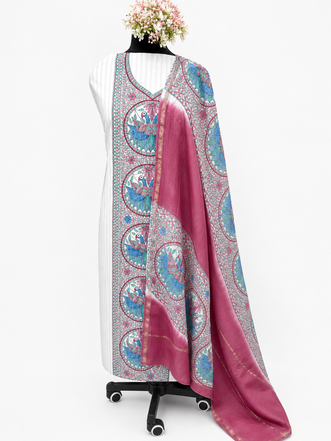 Hand-painted Madhubani Chanderi Suit Set with Mithila Panel Artwork, Peacock-Inspired Detailing, Cutwork Kurti and Leheriya Dupatta with Zari Border