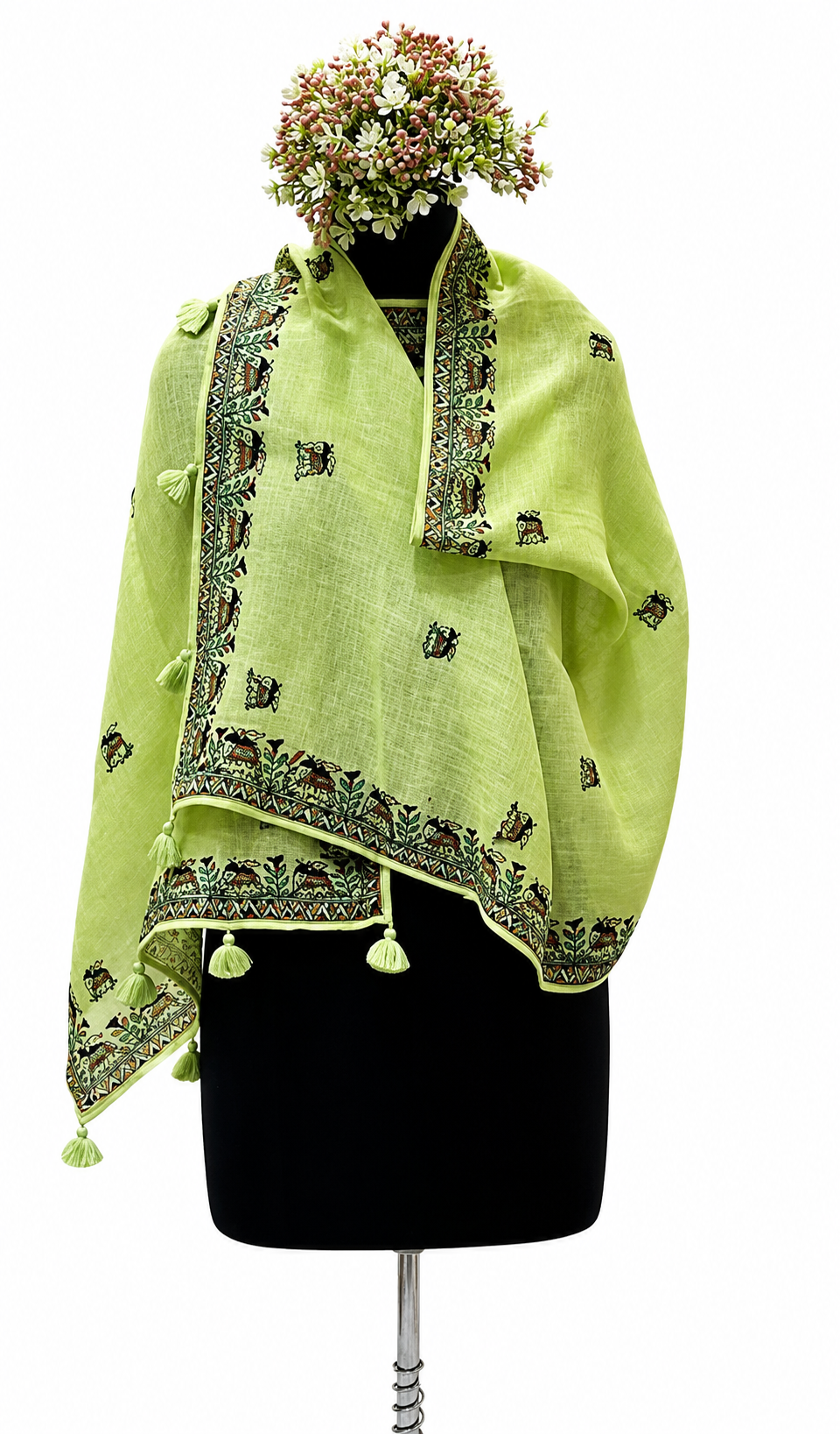Handpainted Madhubani Linen Stole with Elephant Motifs in Mint Green