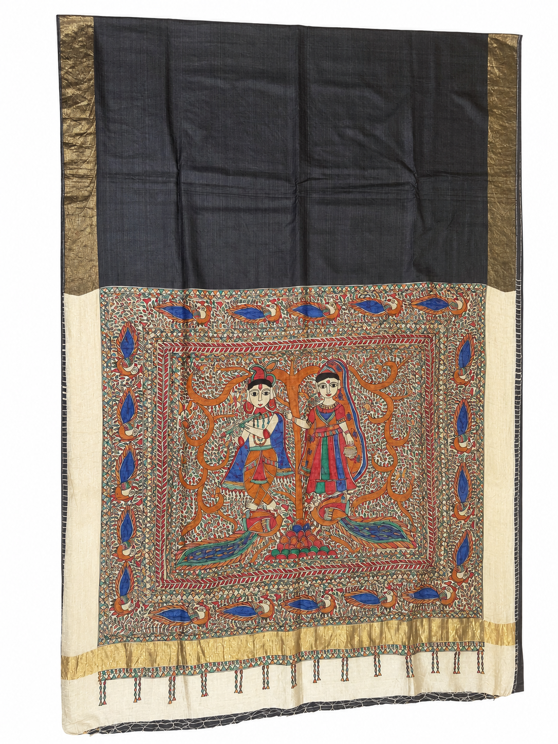 Hand-painted Madhubani Radha Krishna Smoky Grey Saree with Gold Zari Border