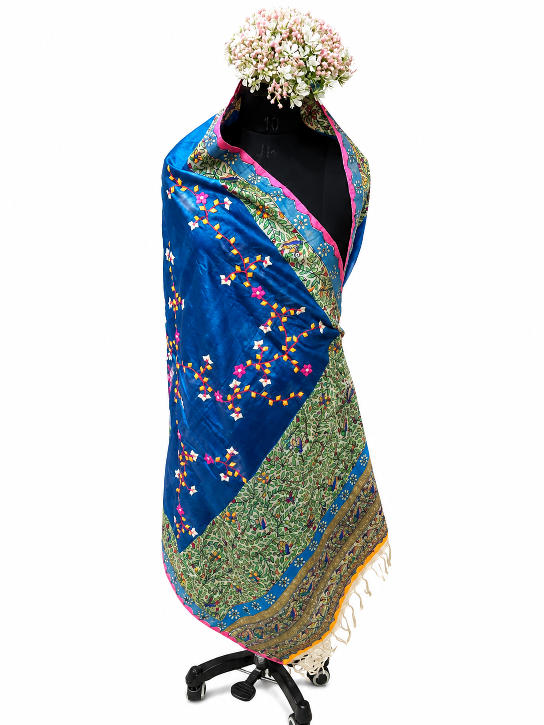 Hand-painted Appliquéd Desi Tussar Silk Dupatta – Regal Elephant & Peacock Motifs