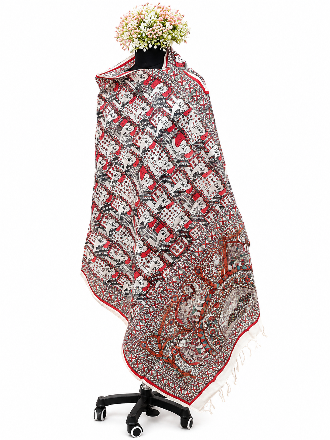 Handcrafted Tussar Tussar Silk Dupatta – Majestic Elephant and Peacock Artistry