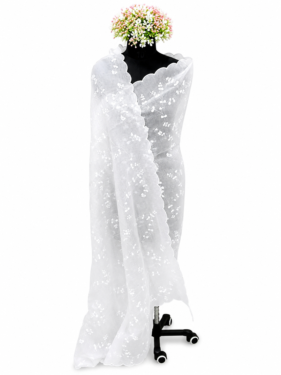 Hand-crafted Kota Dupatta – All-Over Leaf Pattern with Scalloped Edges