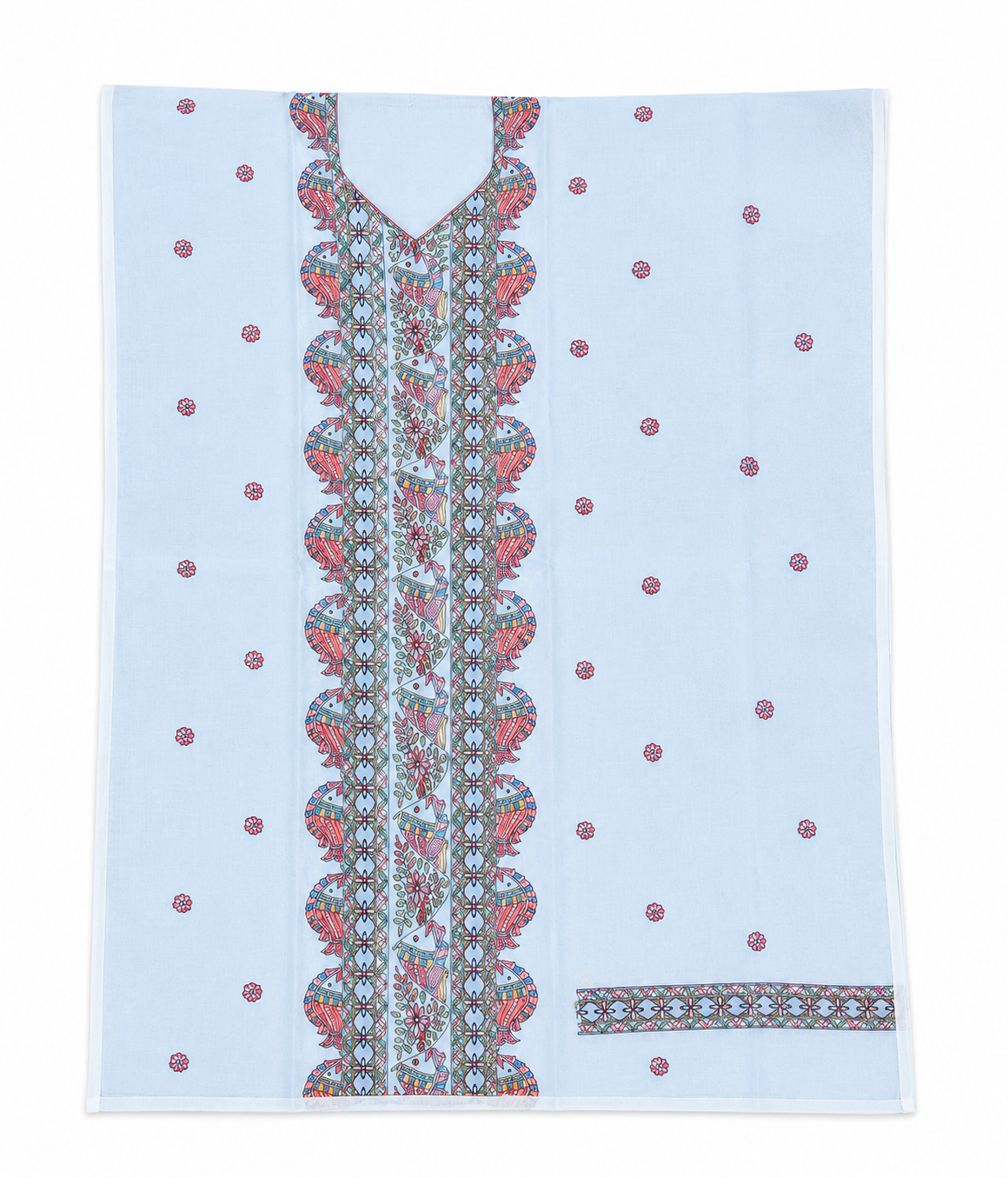 Hand-painted Madhubani Unstitched Suit Set with Mithila Panel Artwork, Aquatic-Inspired Illustrations and Floral Vine Boutique Detailing