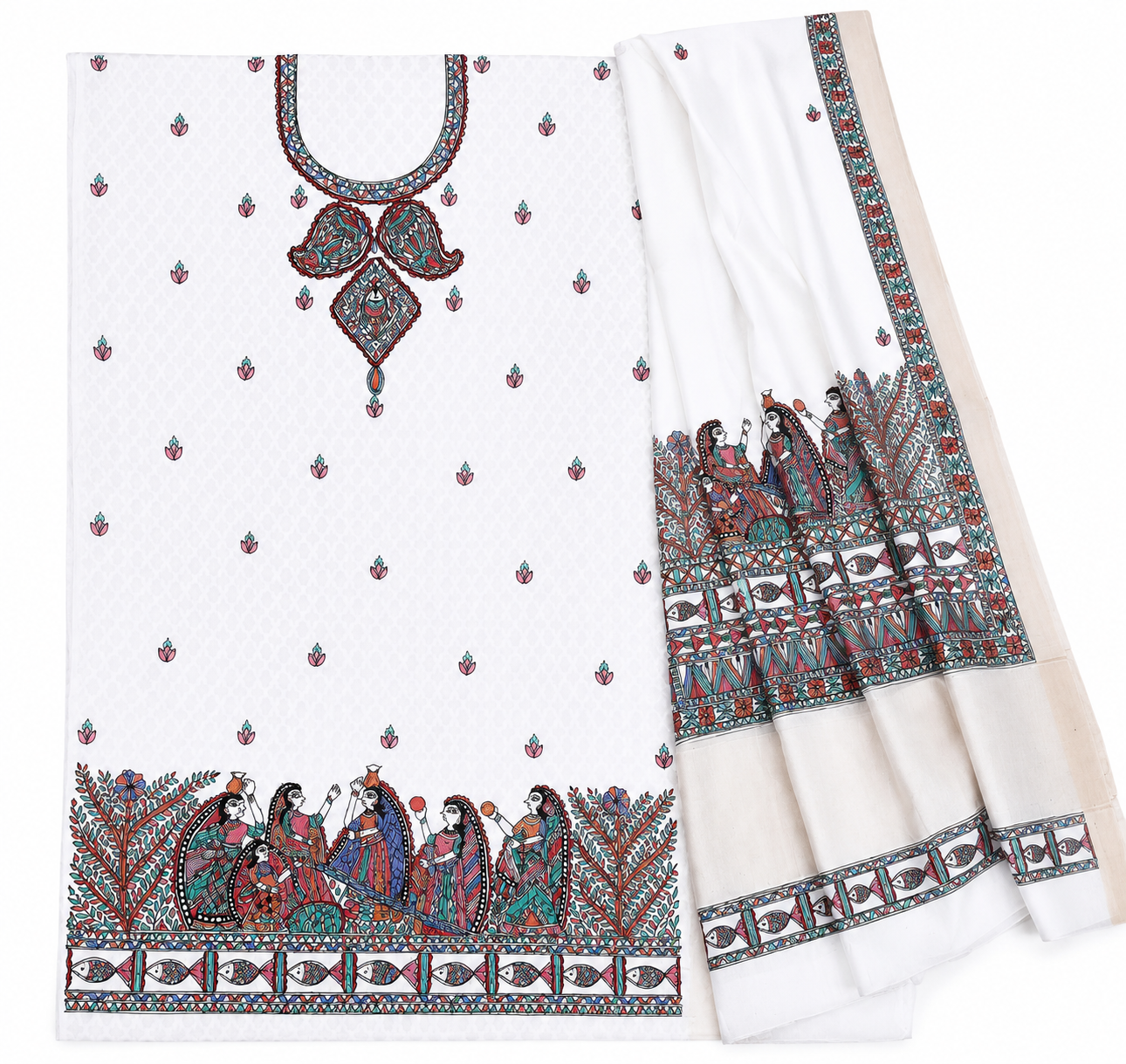 Exclusive Hand-painted Unstitched Chanderi Suit Set with Madhubani Motifs