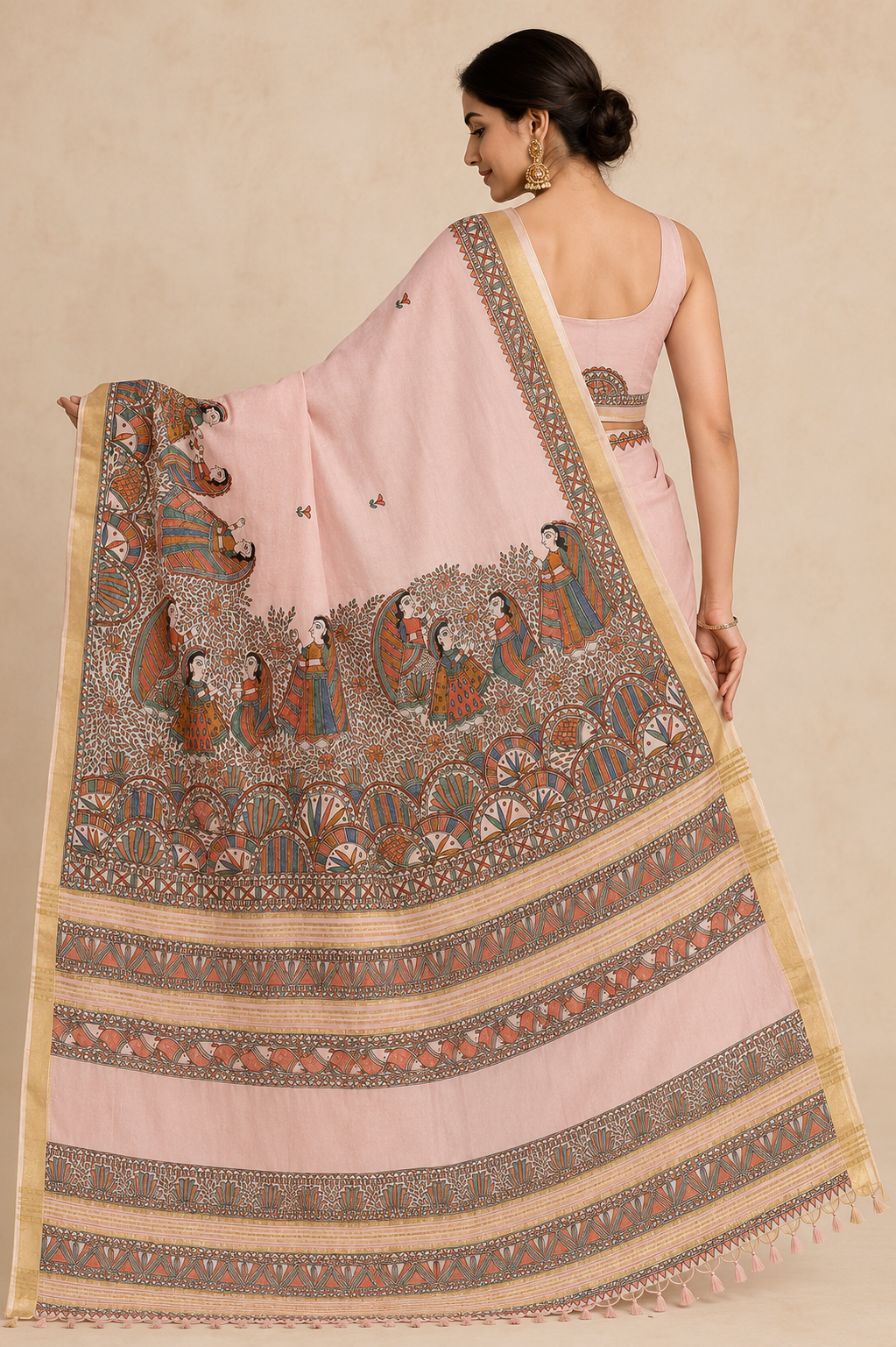 Hand-painted Blush Pink Dancing Doll Madhubani Cotton Silk Saree with Fish Motif Zari Border