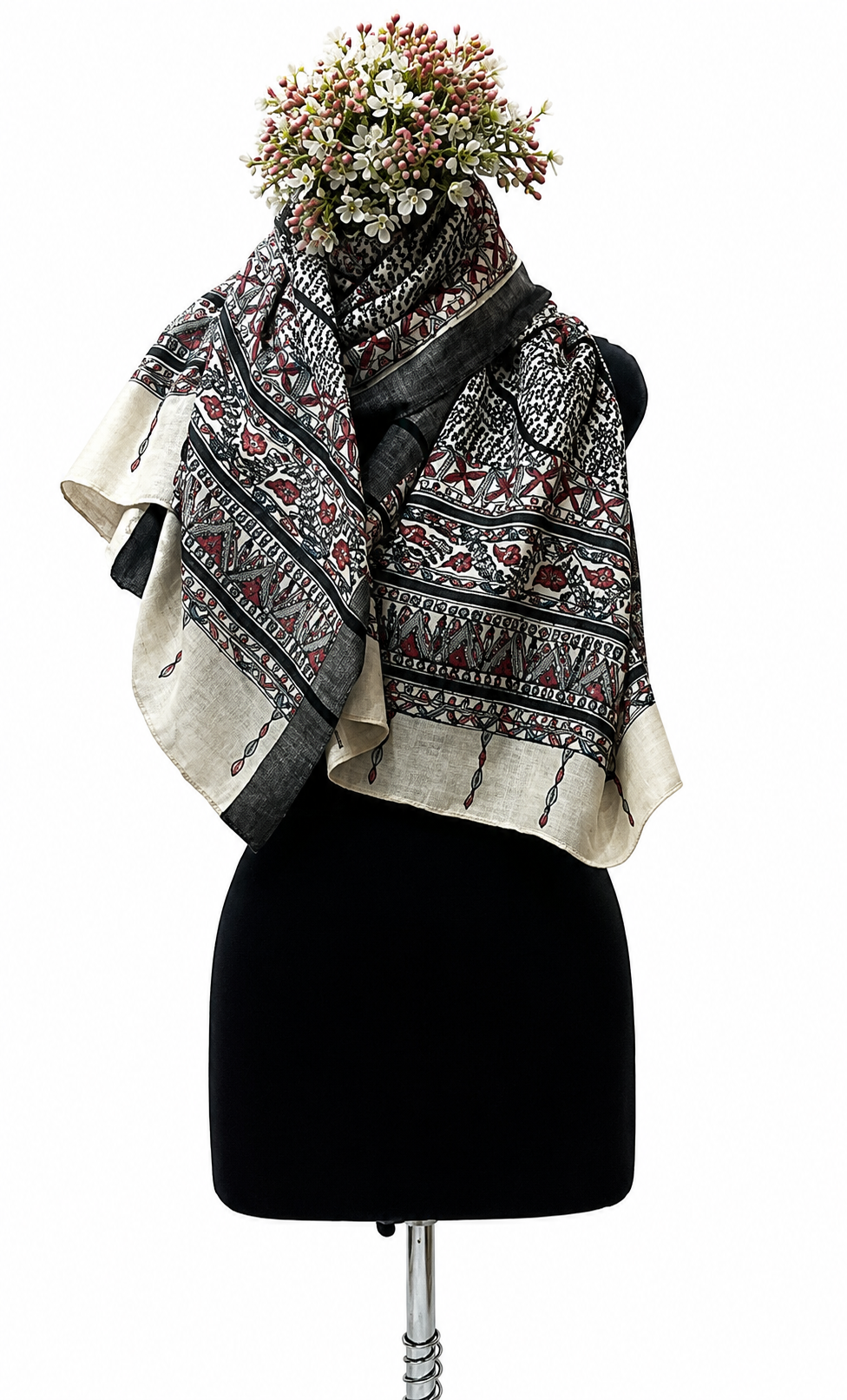 All Over Handpainted Madhubani Tussar Munga Silk Stole with Flora & Fauna Motifs