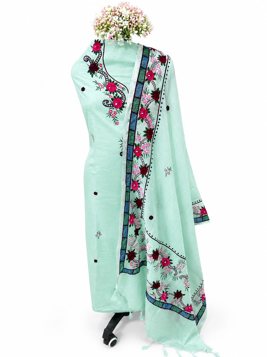 Gracefully Handpainted Suit Set with Ari Embroidery, Artistic Fabric Painting and Heritage-Inspired Dupatta Elegance