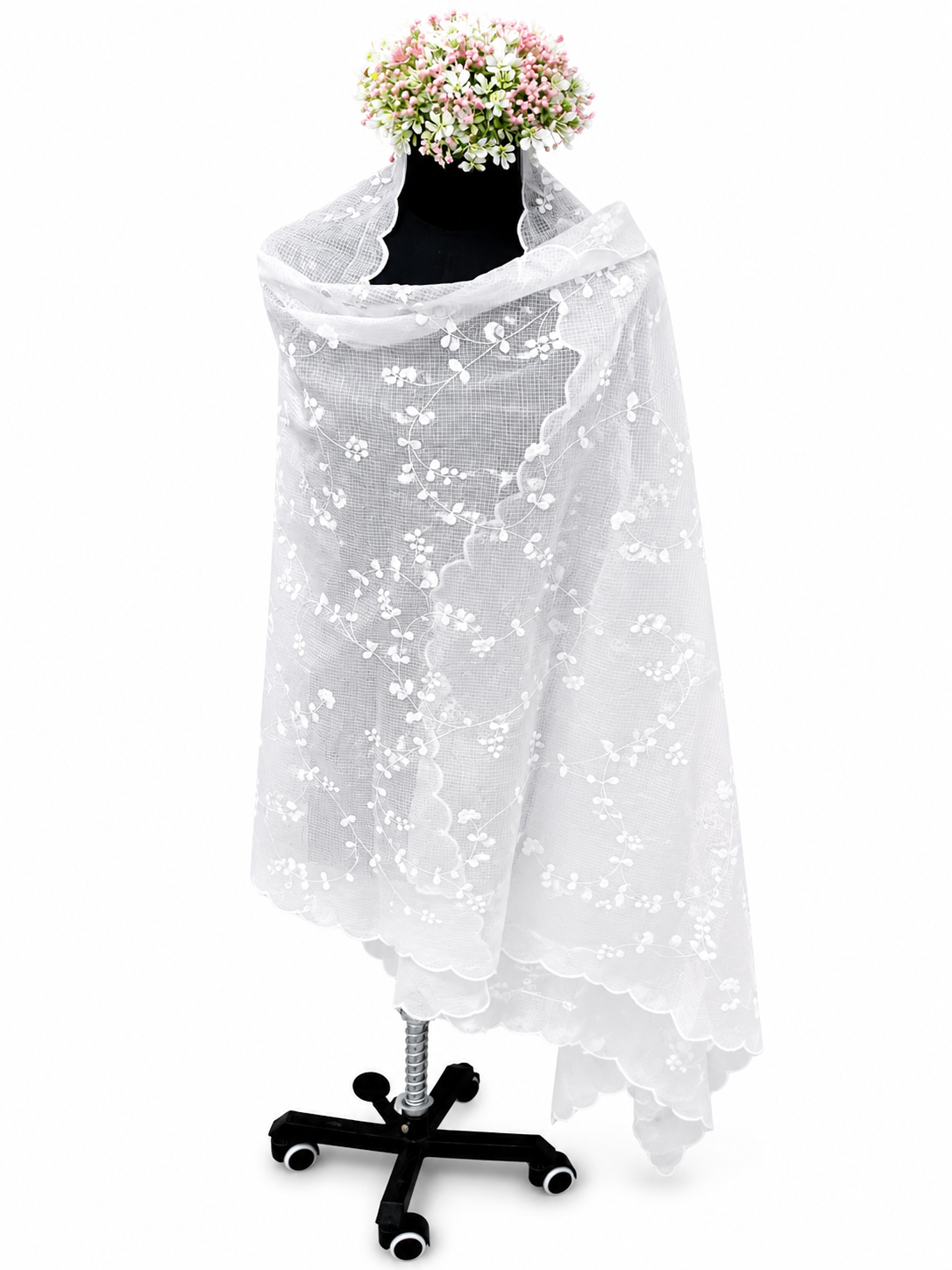Hand-crafted Kota Dupatta – All-Over Leaf Pattern with Scalloped Edges