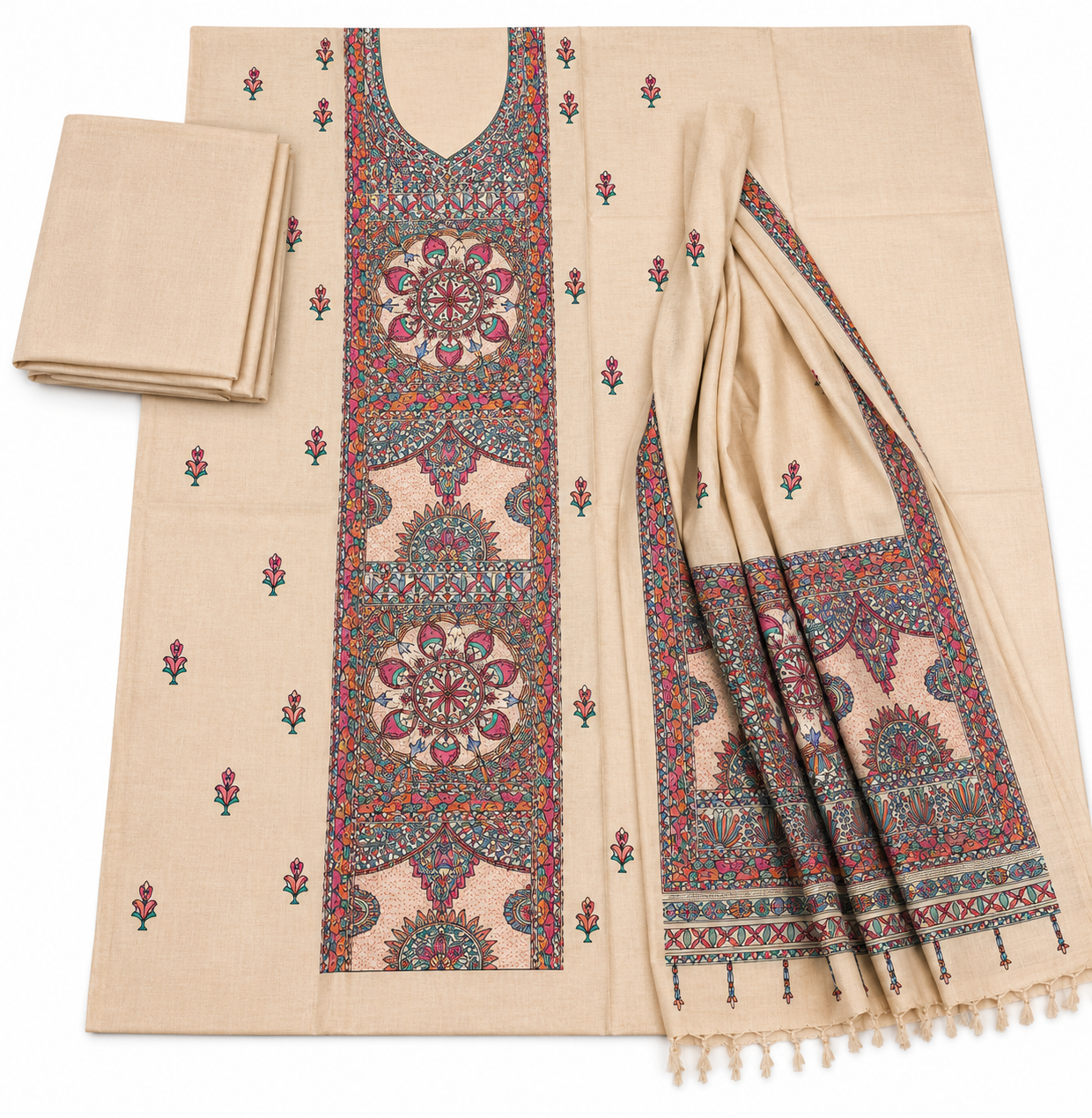 Hand-painted Madhubani Tussar Muga silk suit set with fish-inspired Artwork, Boutique Art and Zari Border Dupatta