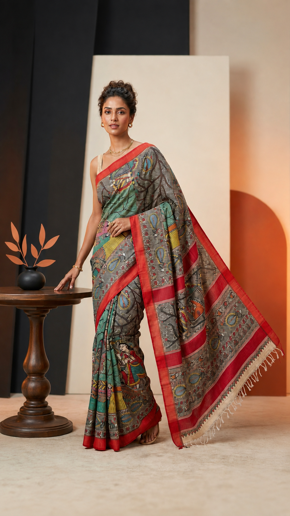 Hand-painted Desi Tussar Silk Saree with Madhubani Art, Doli Ka Haar Theme & Sujni Buti Border