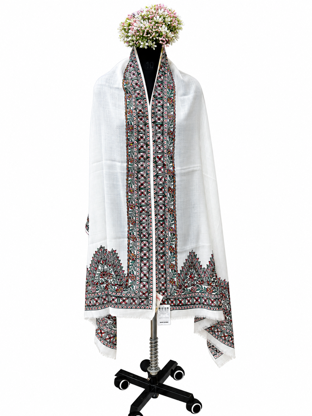 Premium White Pashmina Hand-Painted Madhubani Floral Vine Stole