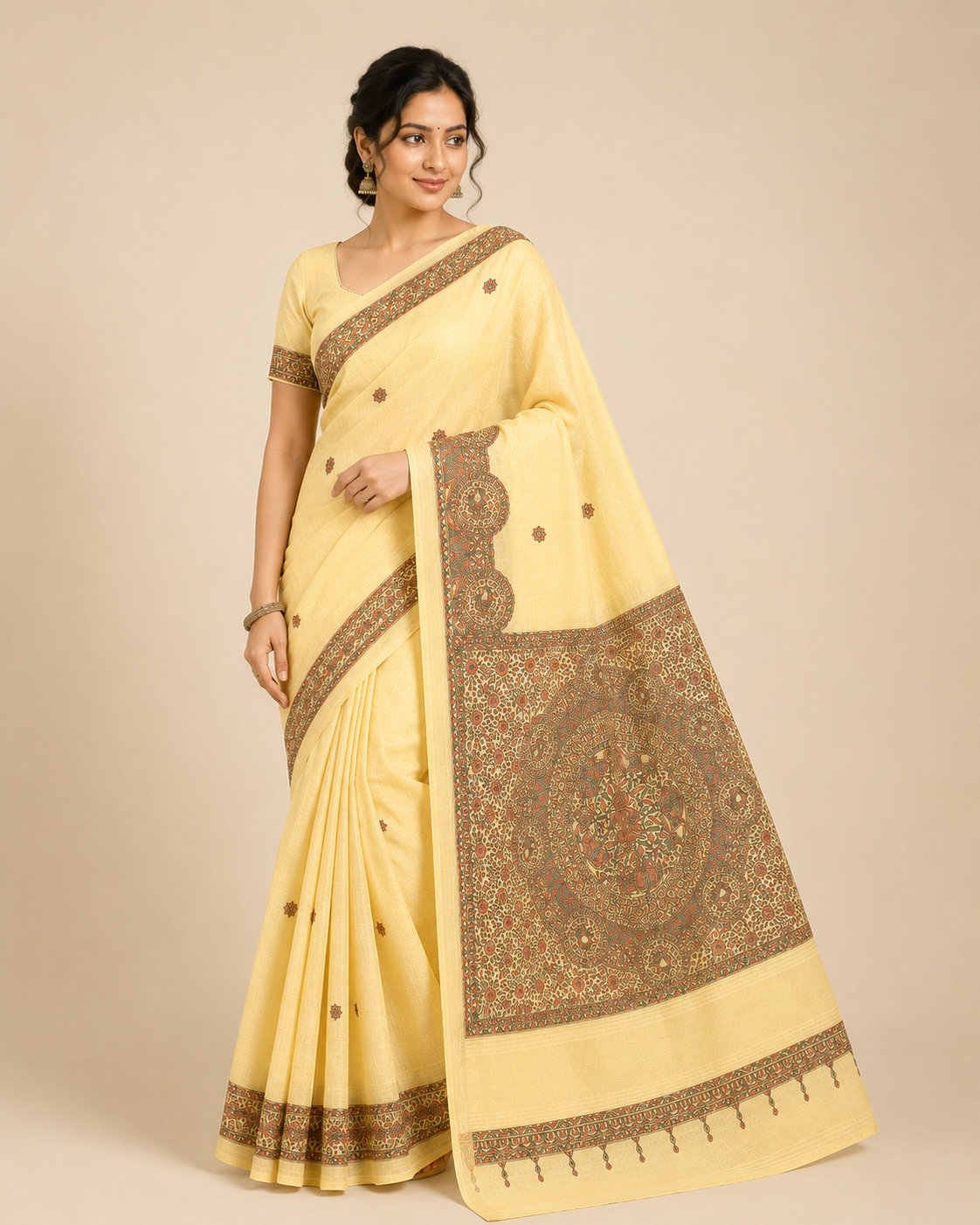 Hand-painted Butter Yellow Premium Linen Madhubani Saree with Zari Border, Peacock & Fish Motifs