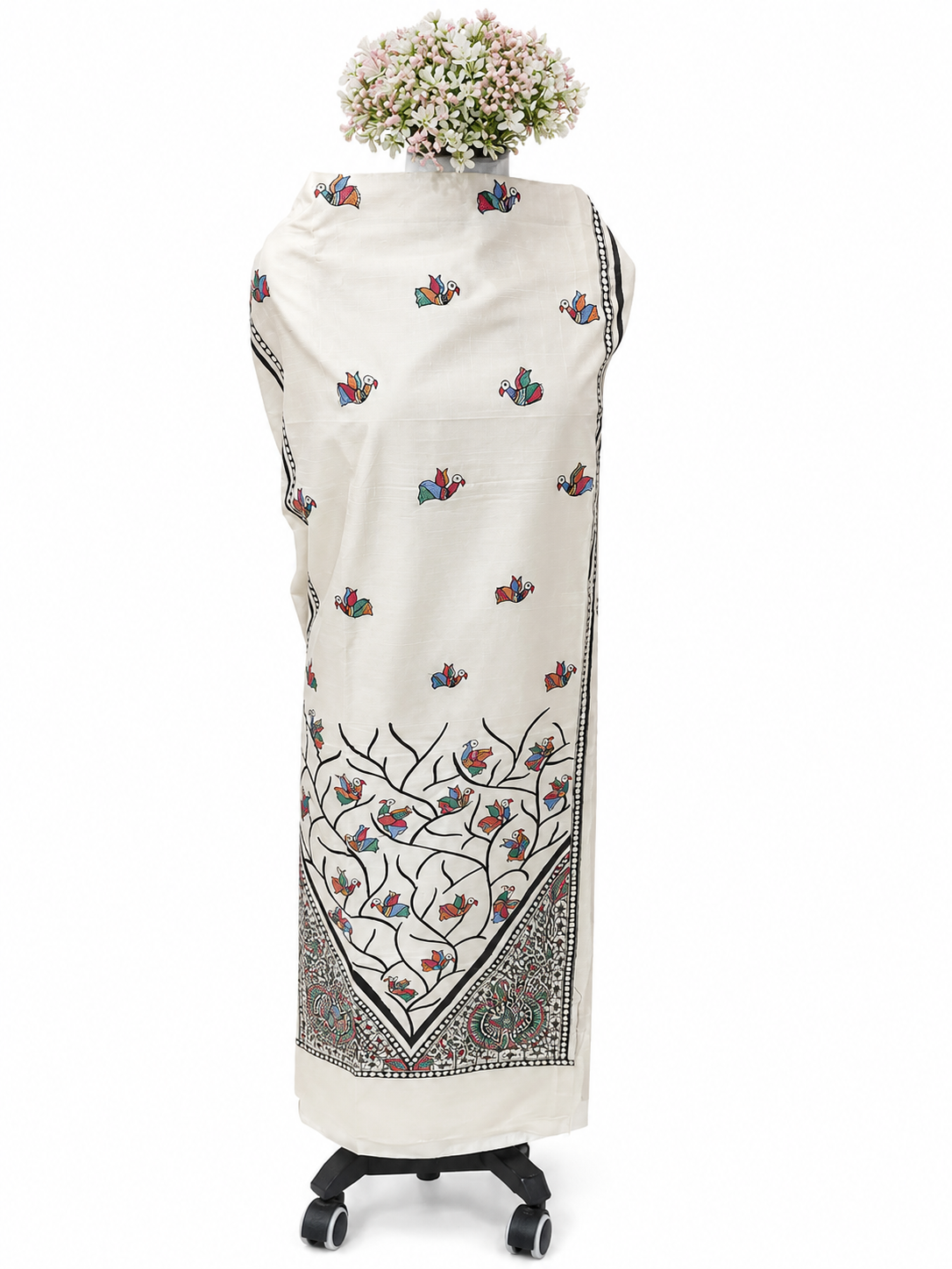 Hand-painted Madhubani Tussar Munga Silk Suit Set with Mithila Panel Artwork, Peacock and Bird-Inspired Illustrations and Floral Butti and Jaal Dupatta