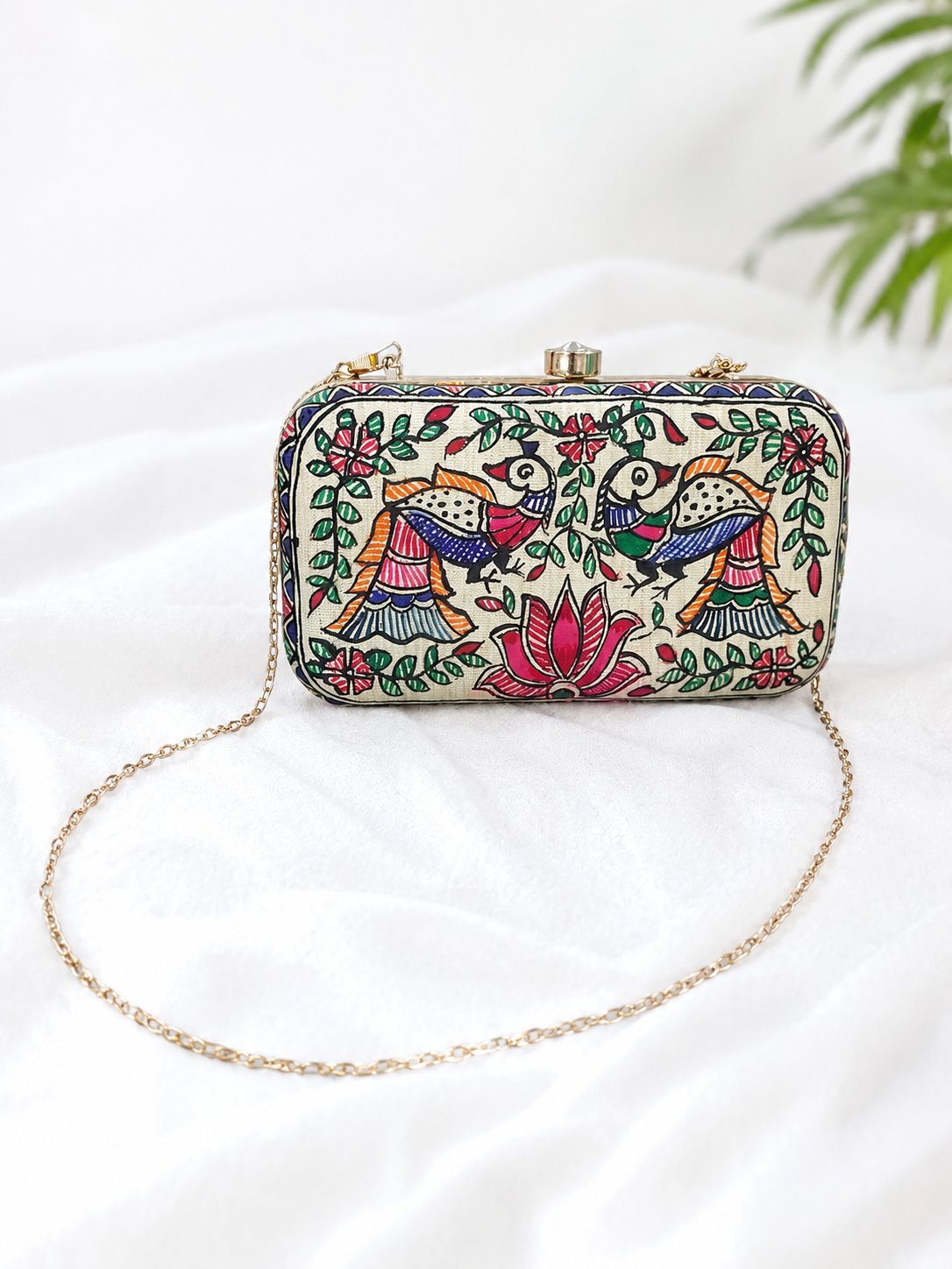 Handpainted Madhubani Doli Ka Haar & Peacock Canvas Clutch Bag