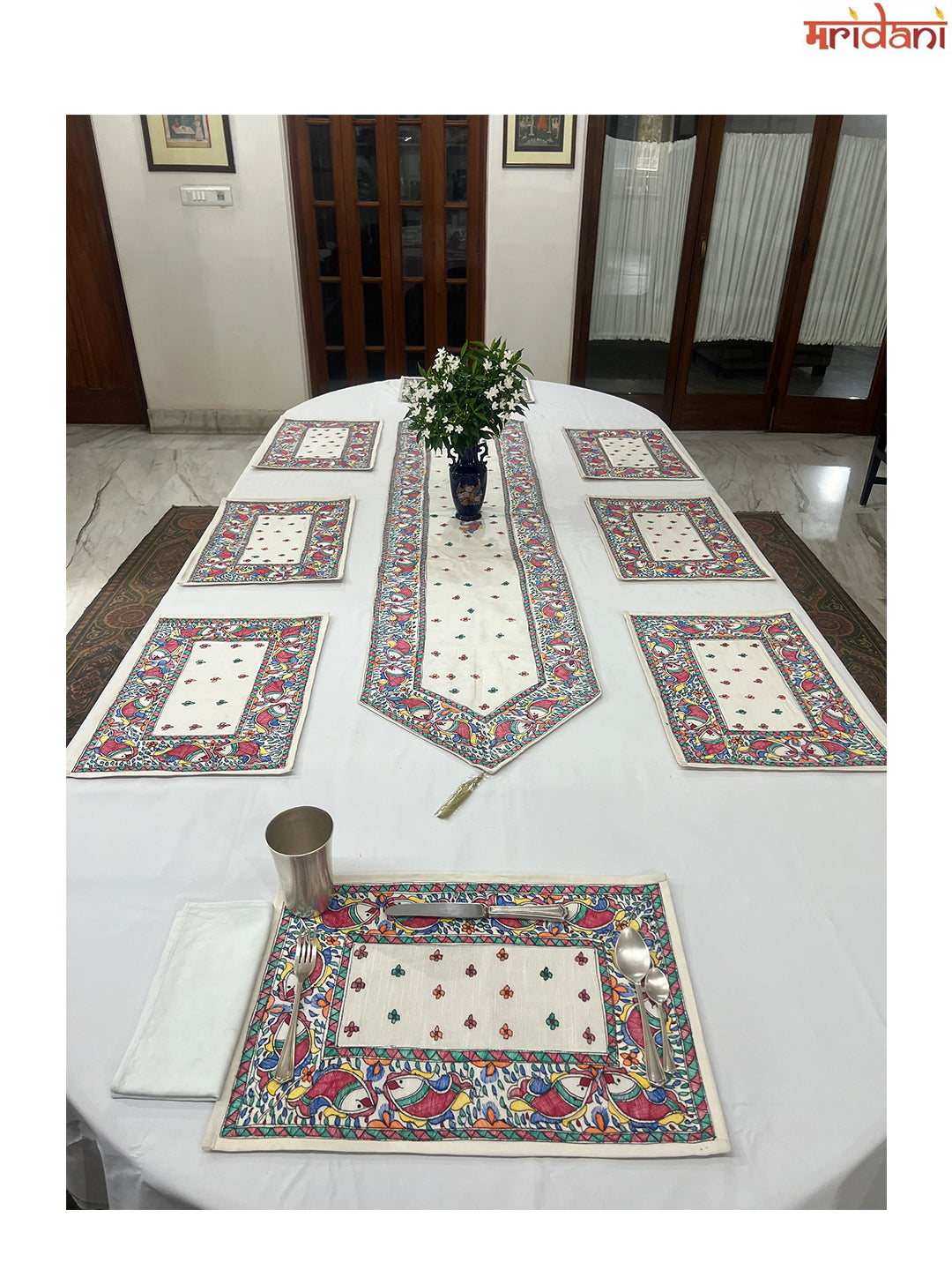 Hand-Painted Madhubani Table Mat Set –  Twin Fish Motif