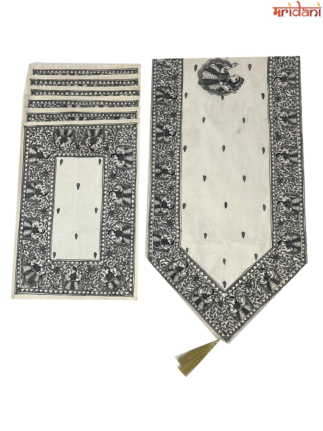 Hand-Painted Madhubani Table Mat Set – B&W Dancing Doll Design