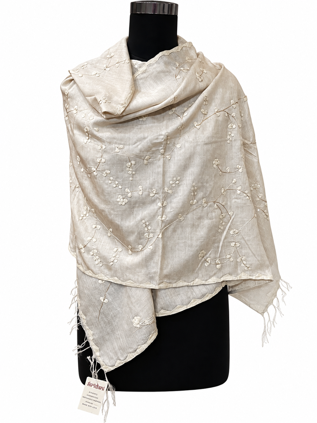 Hand-Painted Beige Tussar Munga Silk Appliqué Work Stole with Patti Embroidery