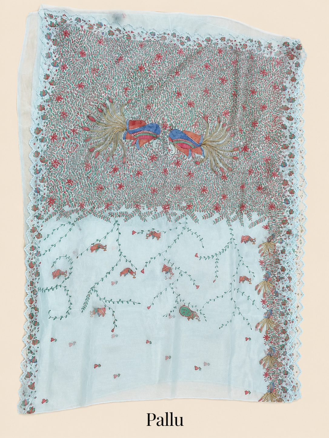 Hand-painted Pastel Sky Blue Organza Saree with Cutdana Embroidery & Scalloped Edges