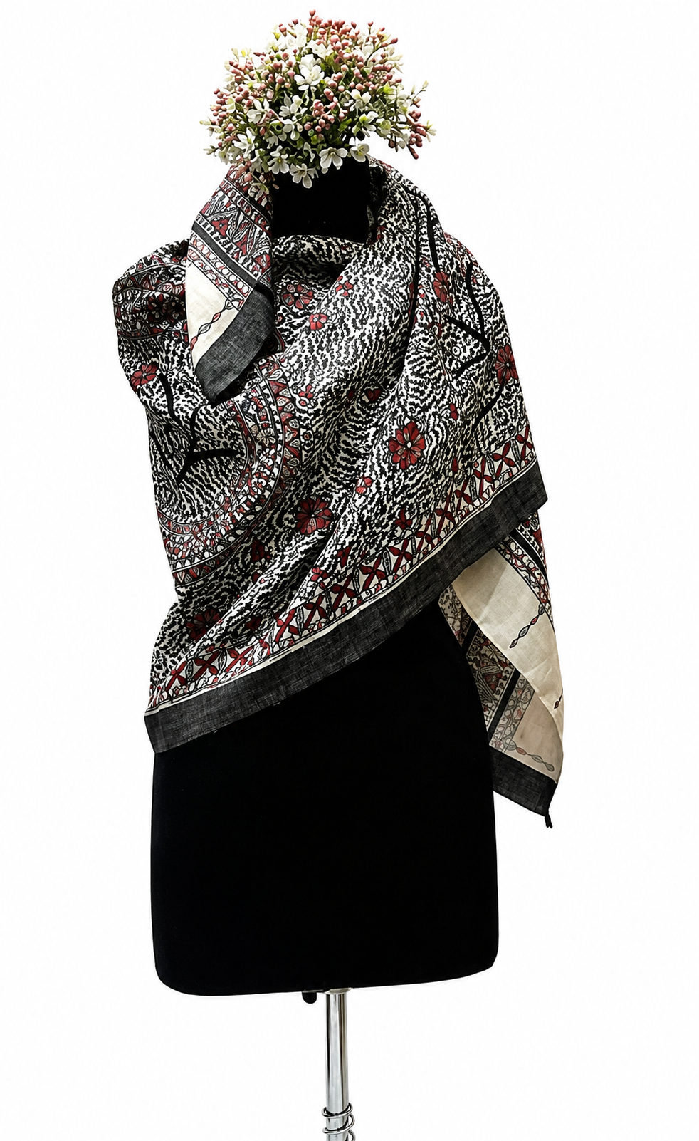 All Over Handpainted Madhubani Tussar Munga Silk Stole with Flora & Fauna Motifs