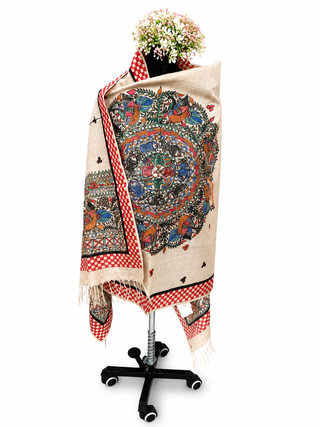 Handcrafted Desi Tussar Silk Dupatta – Madhubani Fish, Peacock and Floral Vines Design