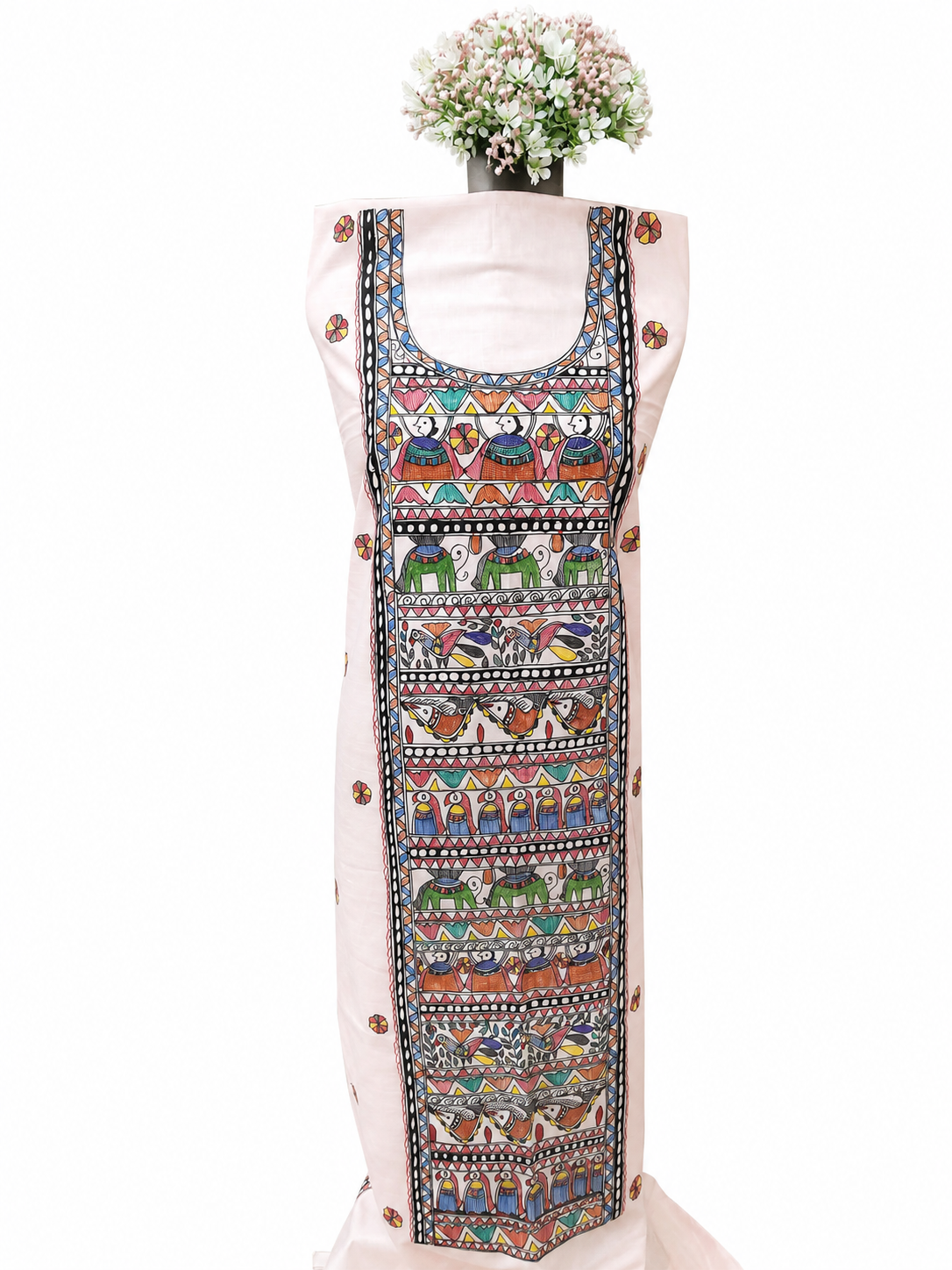 Handpainted Madhubani Cotton Ensemble with Heritage Panel Art, Folk Story Illustrations and Artistic Boutique Dupatta