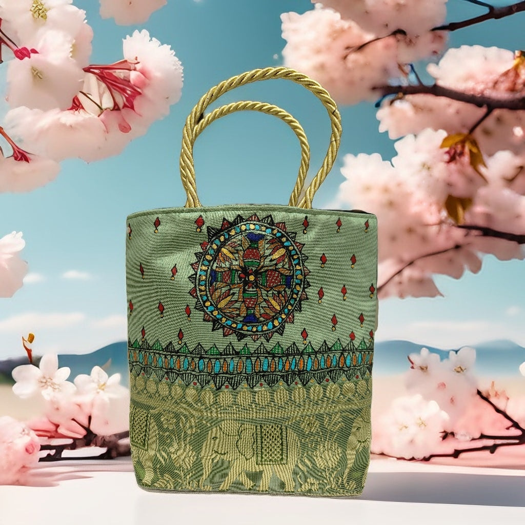 Handpainted Madhubani Bag – Green with Brocade Border, Peacock Motif