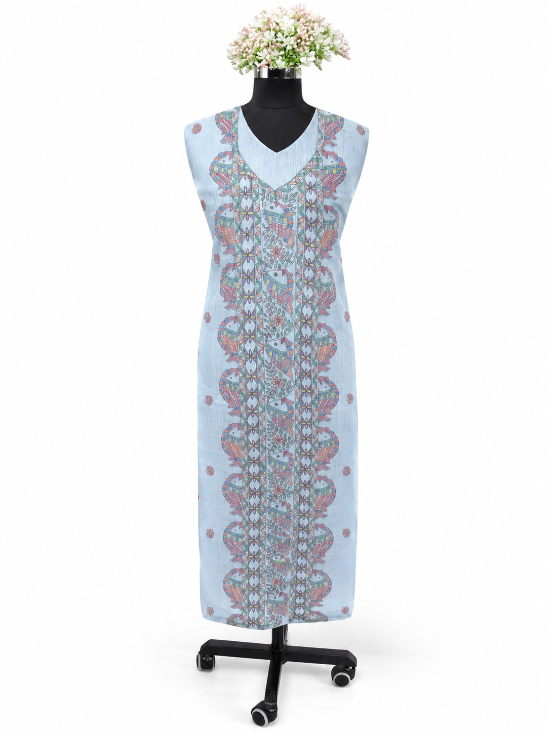 Hand-painted Madhubani Unstitched Suit Set with Mithila Panel Artwork, Aquatic-Inspired Illustrations and Floral Vine Boutique Detailing