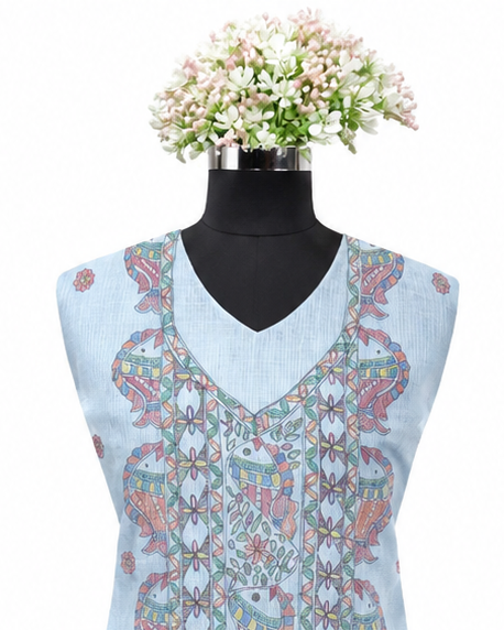 Hand-painted Madhubani Unstitched Suit Set with Mithila Panel Artwork, Aquatic-Inspired Illustrations and Floral Vine Boutique Detailing