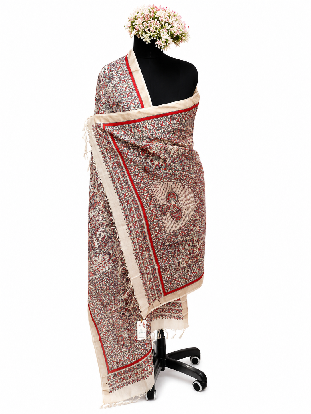 Handcrafted Tussar Munga Silk Dupatta – Elephant and Fish Motif Design