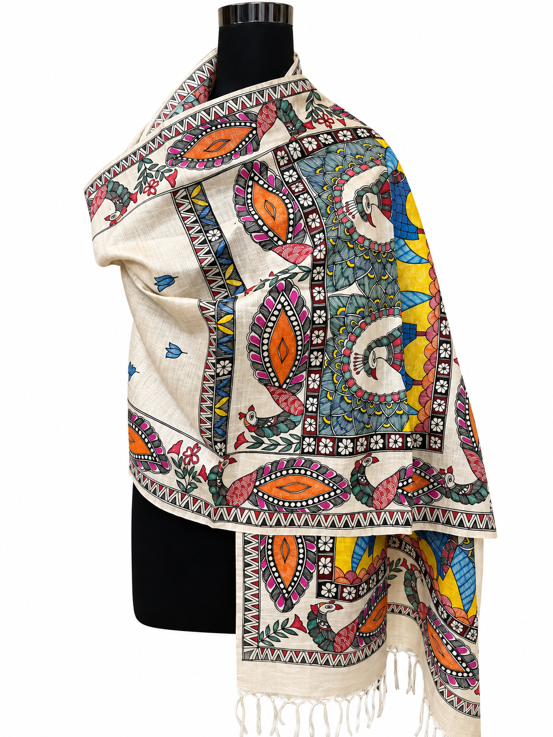 Hand-Painted Natural Tussar Munga Silk Stole with Twin Peacock Panel, Lotus Buti & Ornamental Floral Border