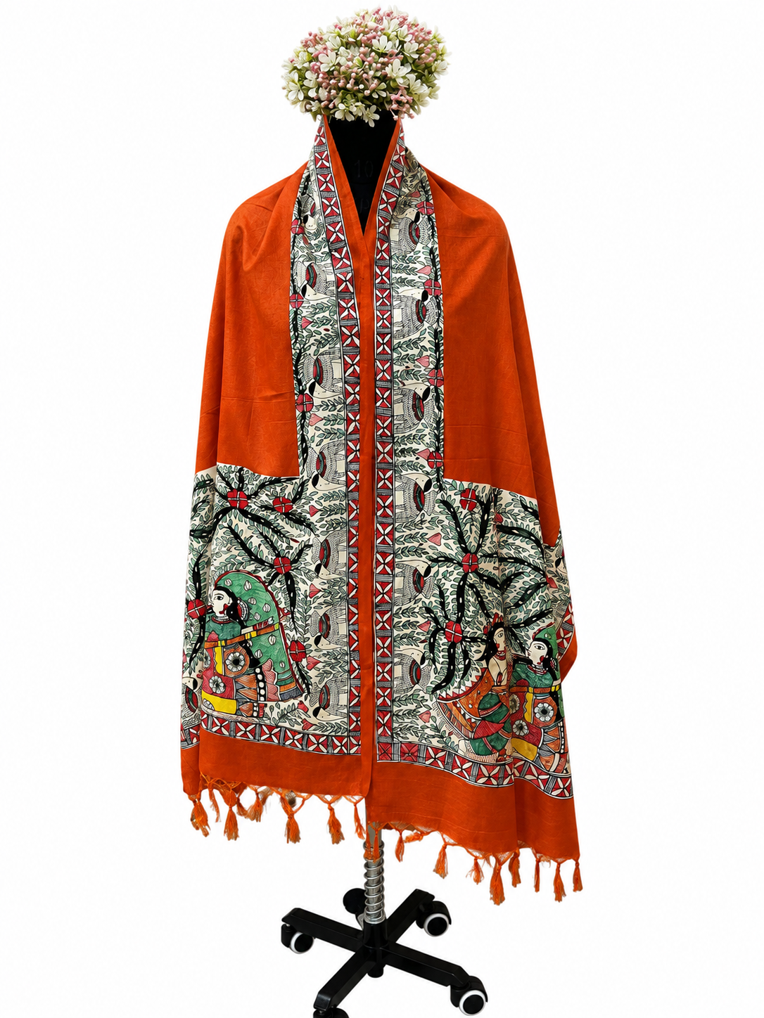 Premium Burnt Orange Cotton Silk Hand-Painted Madhubani Krishna Meera Stole
