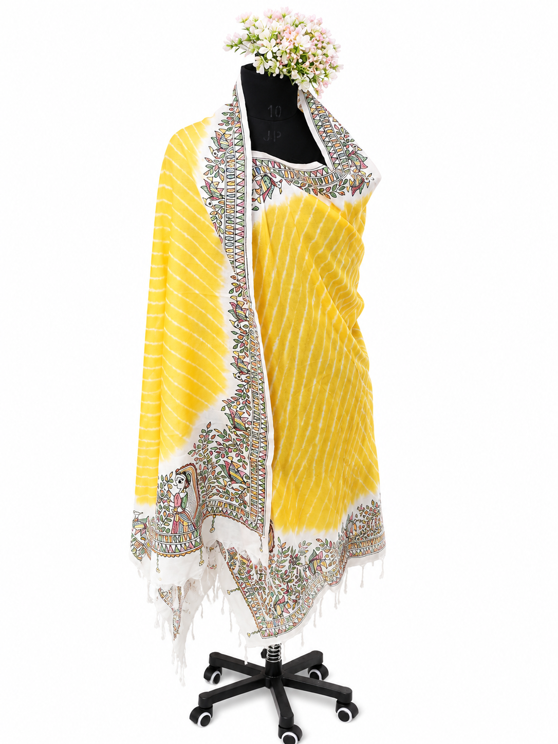 Hand-Painted Vrindavan Leheriya Radha Krishna Tussar Munga Silk Dupatta