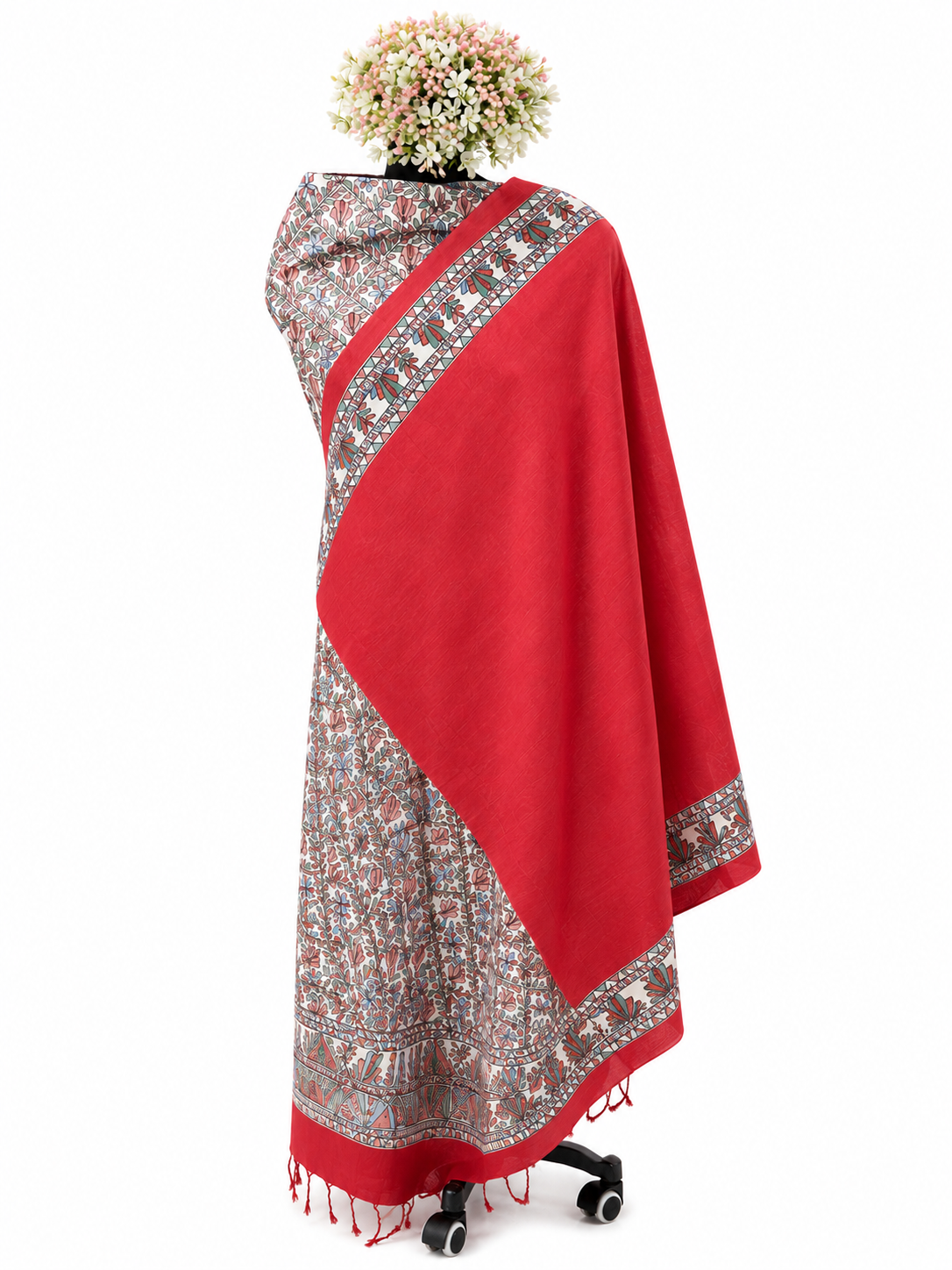 Hand-painted Tussar Munga Silk Suit Set with Floral Vine Artwork, Artistic Red Accents and Elegant Aanchal Dupatta