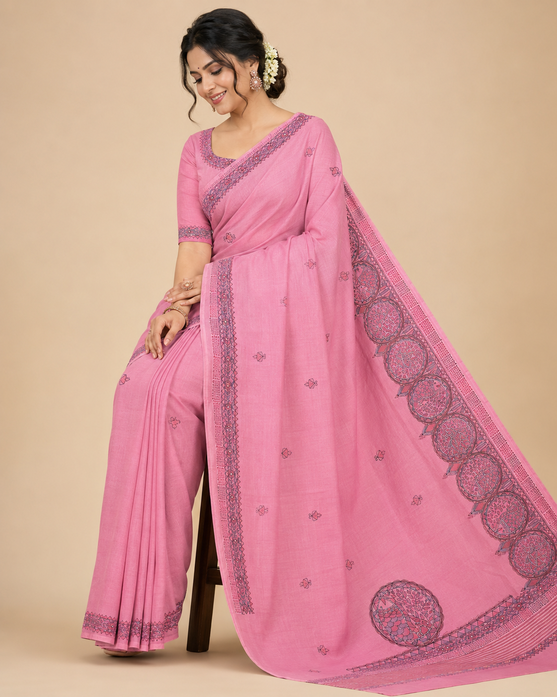 Hand-painted Tussar Munga Silk Saree with Sujani Folk Art, Mandala Peacock Pallu & Rich Zari Border - Rose Pink