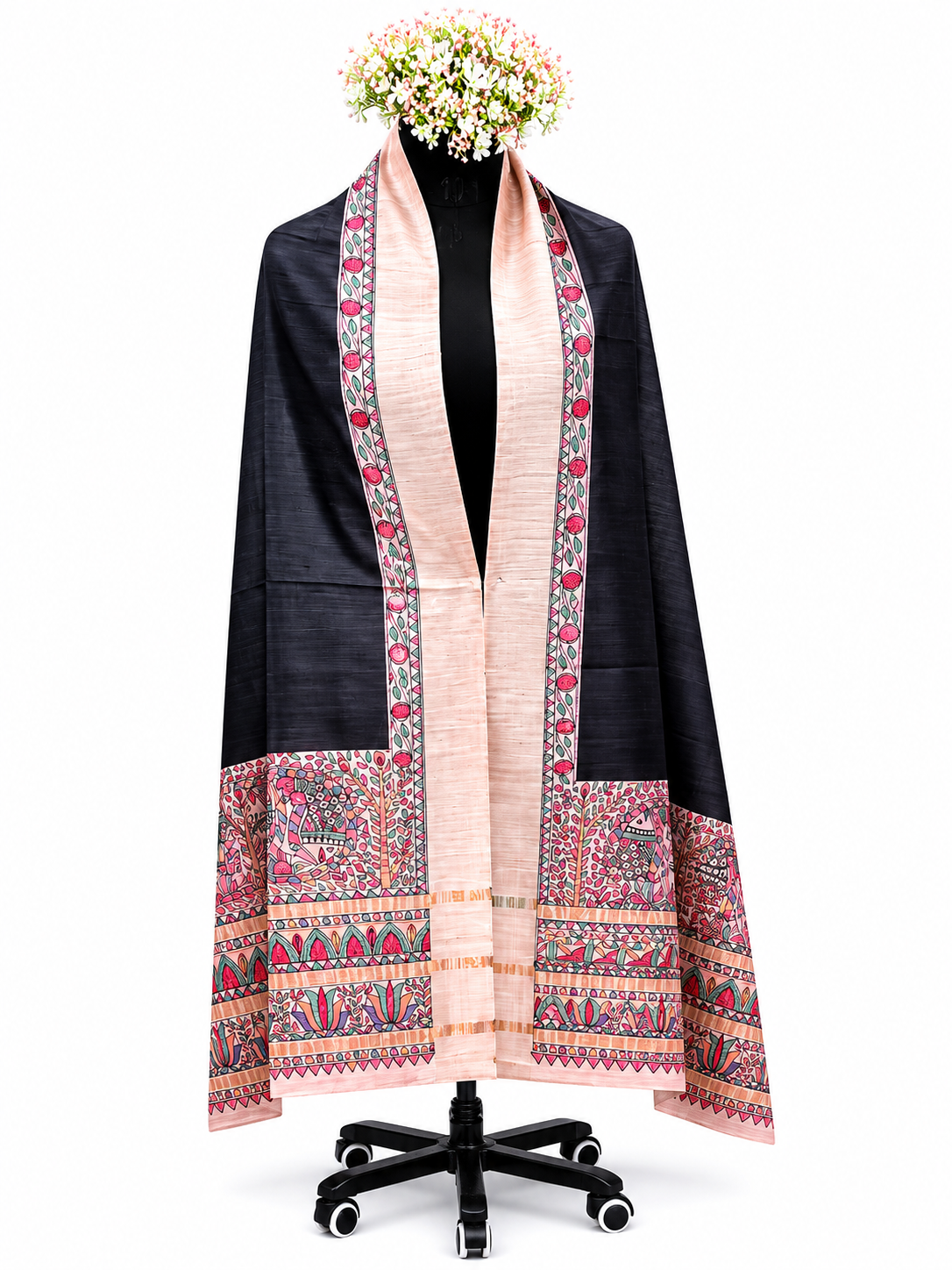 Hand-painted Tussar Munga Silk Dupatta – Majestic Fish Motif and Floral Elegance