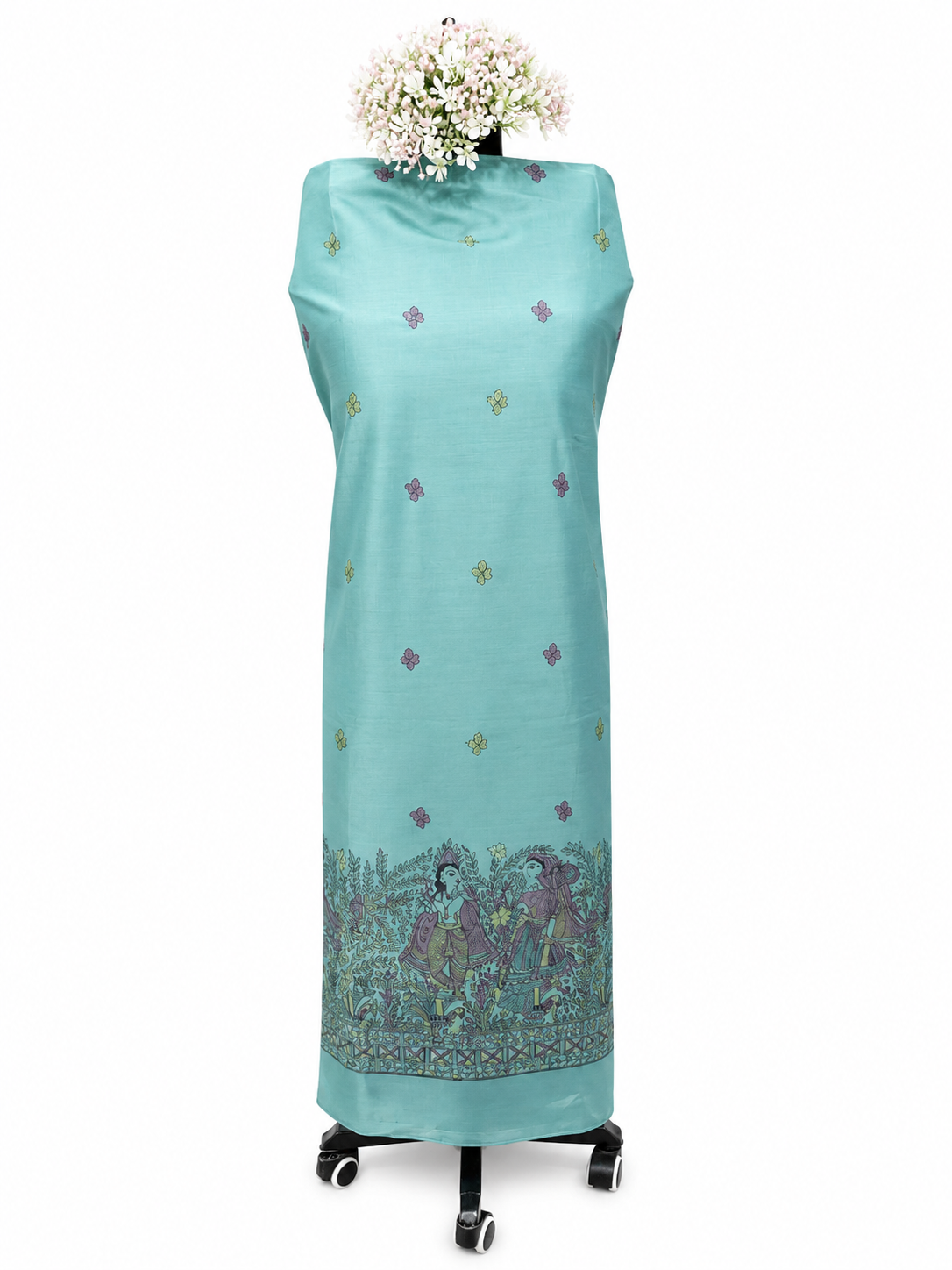 Hand-painted Tussar Munga Silk Suit Set with Radha Krishna Theme, Peacock and Fish-Inspired Artwork, Boutique Work and Matching Dupatta with Cotton Lower