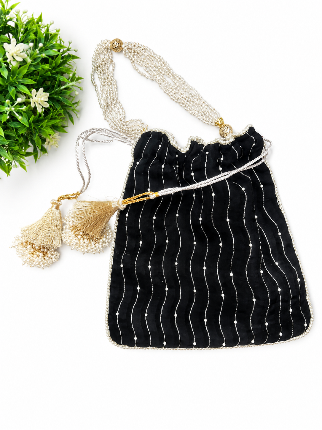 Elegant Rectangular Potli Clutch with Pearl and Zari Embellishments