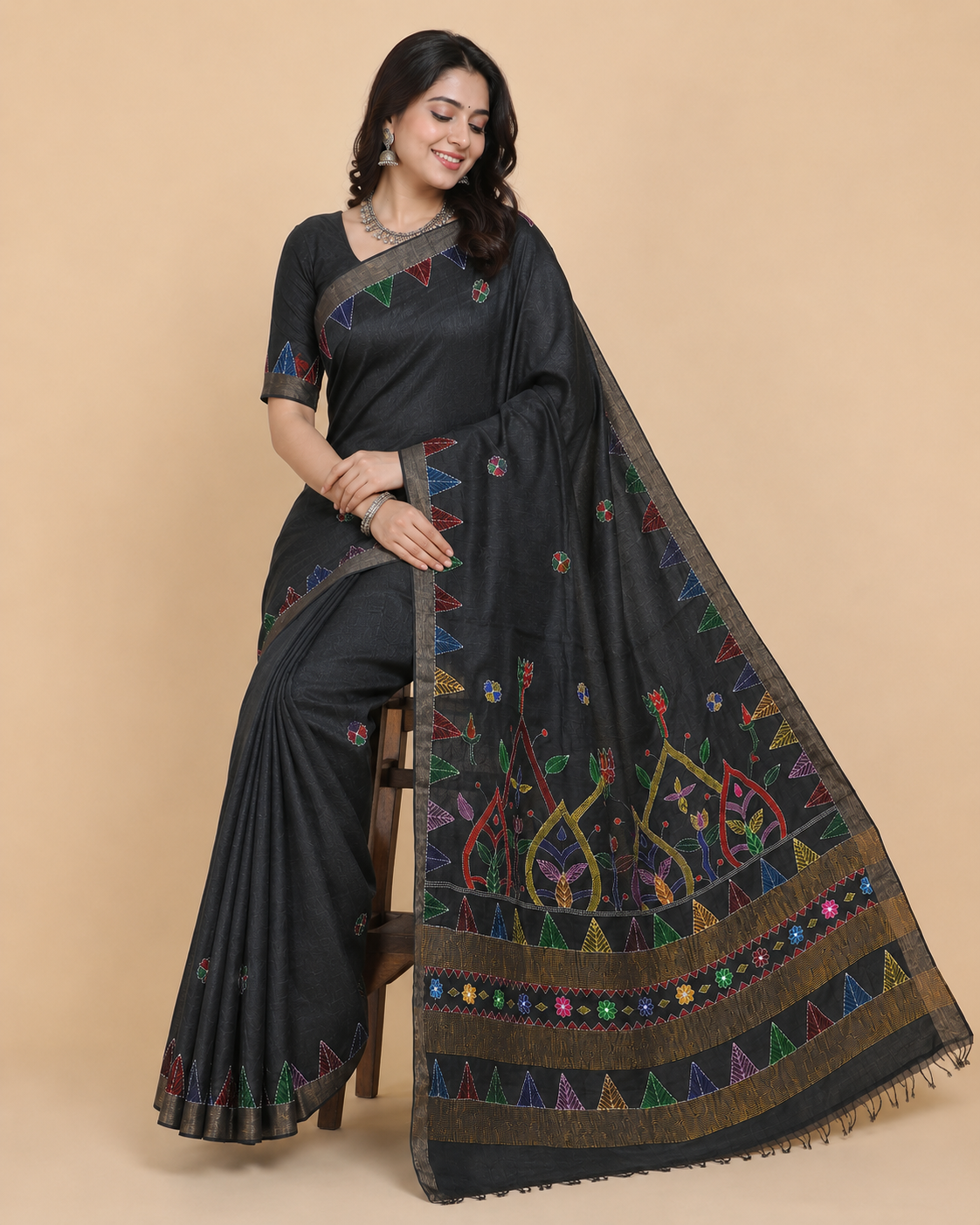 Hand-painted Tussar Munga Silk Saree with Sujani Embroidery & Antique Gold Zari Border in Jet Black