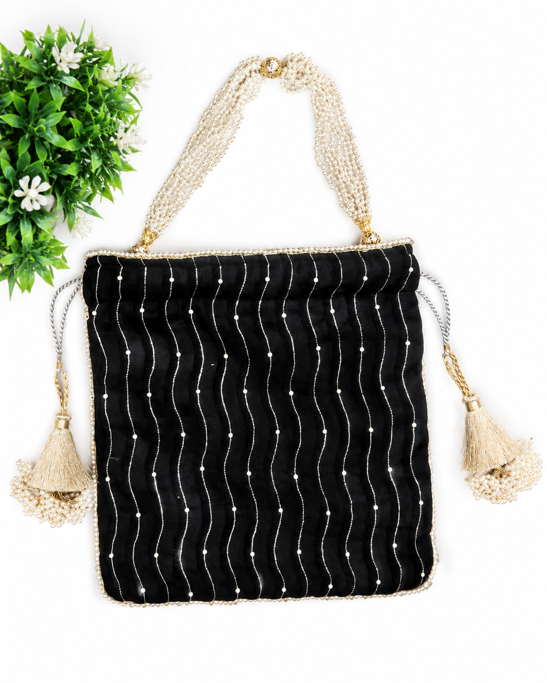 Elegant Rectangular Potli Clutch with Pearl and Zari Embellishments