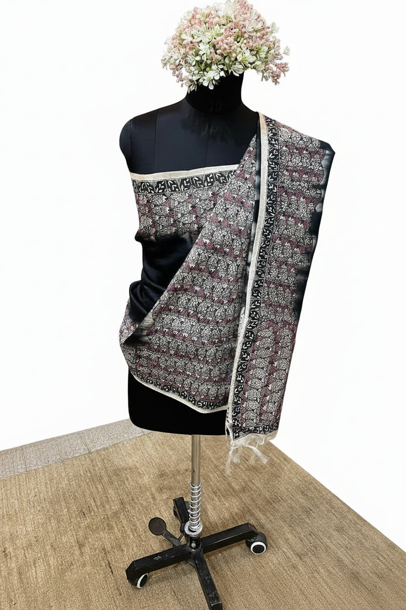 Handpainted Madhubani Tussar Munga Silk Stole with Fish Motifs