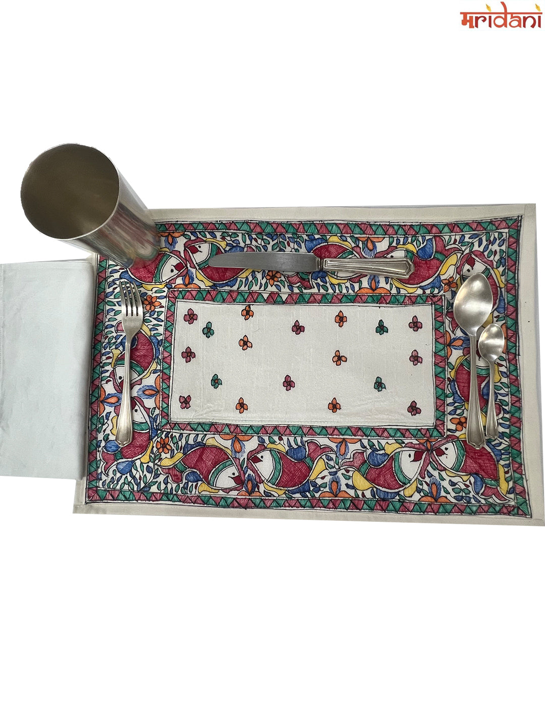 Hand-Painted Madhubani Table Mat Set –  Twin Fish Motif