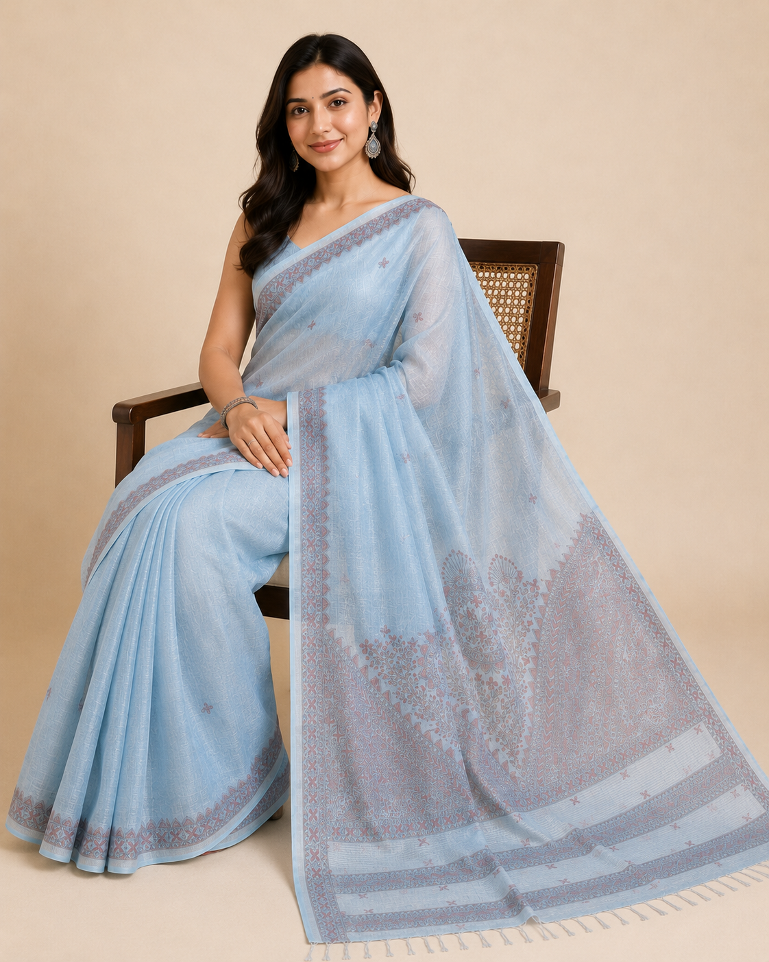 Hand-painted Sky Blue Tissue Linen Madhubani Saree with Fish Motifs & Mandala Pallu