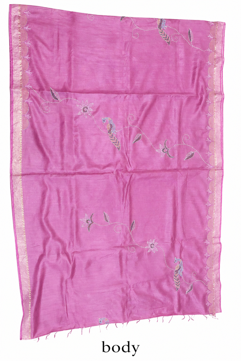 Hand-painted Tussar Munga Silk Saree with Sujani Embroidery & Gold Zari Border in Dusty Rose