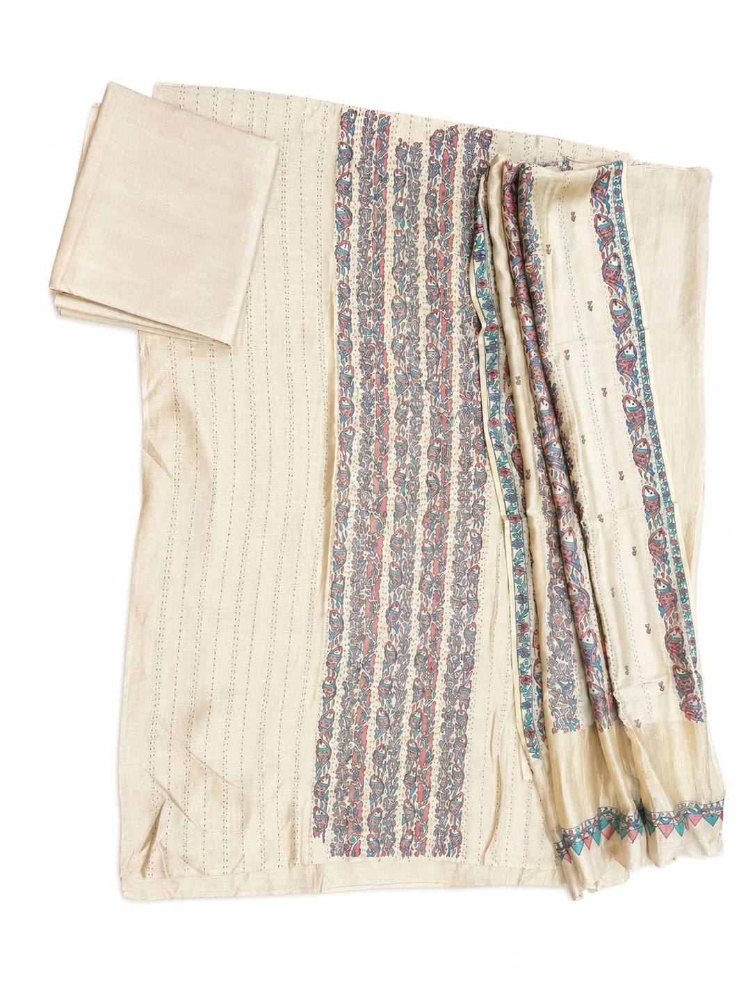 Hand-painted Madhubani Tussar Munga Silk Suit Set with Sujani Work Kurti and Madhubani Art Dupatta with Fish and Floral-Inspired Detailing